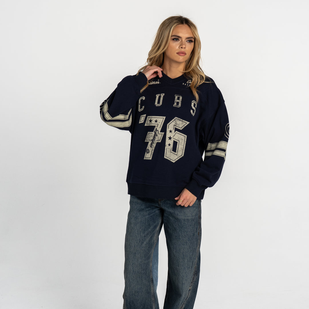 Chicago Cubs C Logo V-Neck Oversized Wash Crew Sweatshirt by The Wild Collective Sweatshirts &amp; Hoodies THE WILD COLLECTIVE