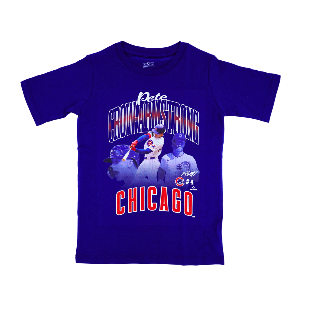 Chicago Cubs Pete Crow Armstrong Triple Pic Youth Tee by New Era Short Sleeve Tees OUTERSTUFF LLC