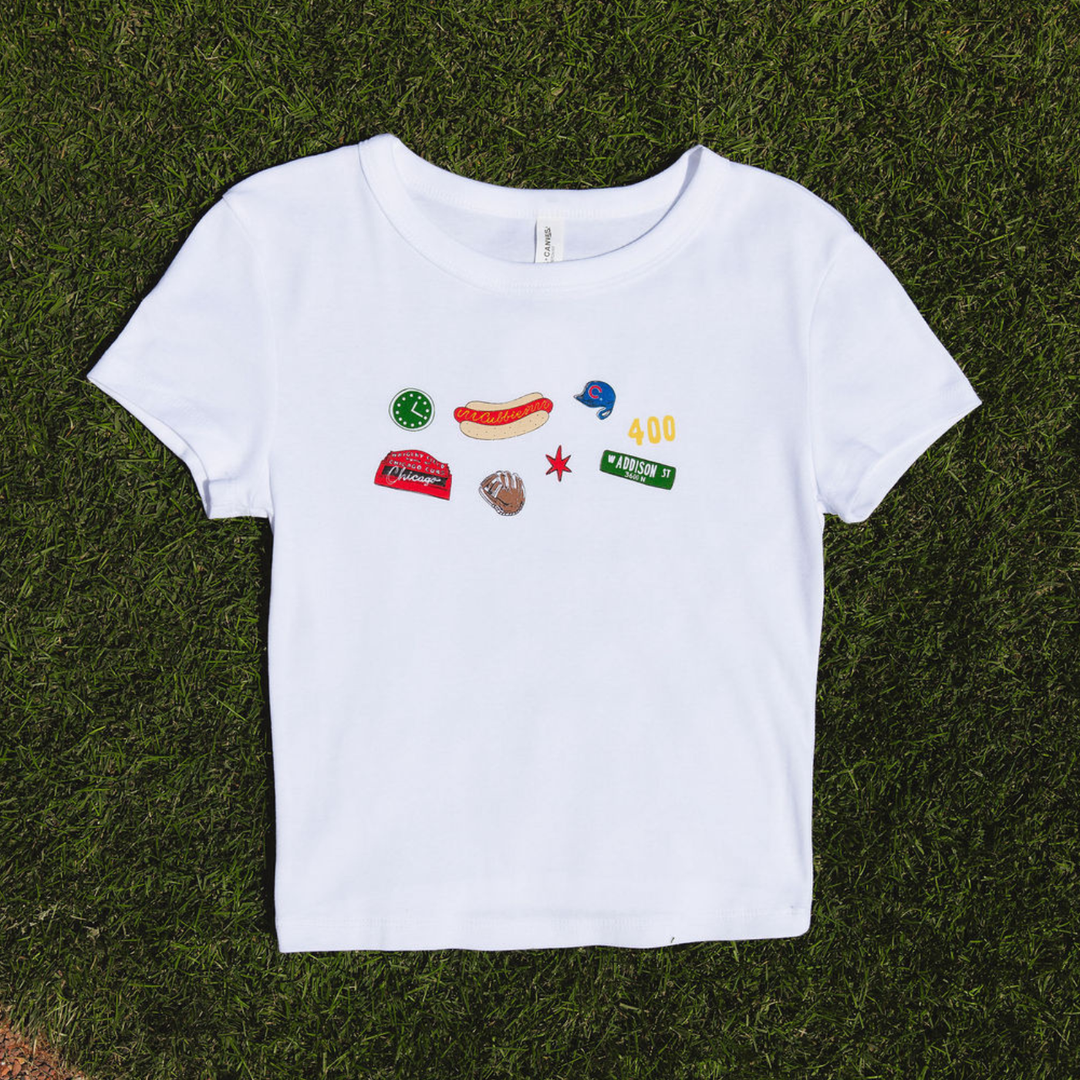 Chicago Cubs x Alice & Wonder Icons Baby Tee — White Shirts SOFT AS A GRAPE