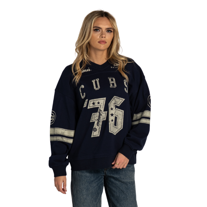 Chicago Cubs C Logo V-Neck Oversized Wash Crew Sweatshirt by The Wild Collective Sweatshirts &amp; Hoodies THE WILD COLLECTIVE
