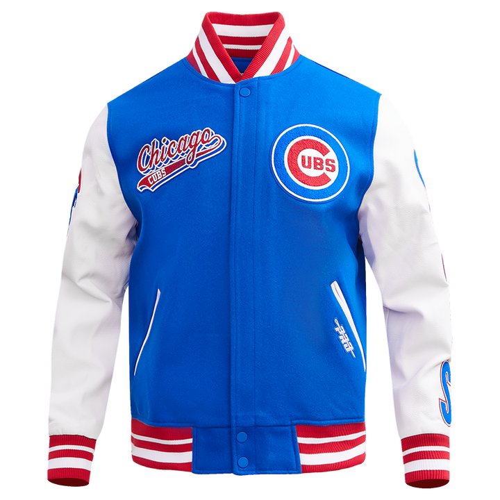 Chicago Cubs Script Wool Varsity Jacket in Royal and Red by Pro Standard Jackets PRO STANDARD