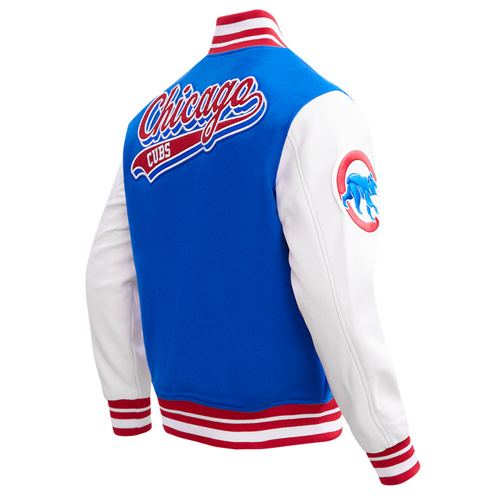 Chicago Cubs Script Wool Varsity Jacket in Royal and Red by Pro Standard Jackets PRO STANDARD